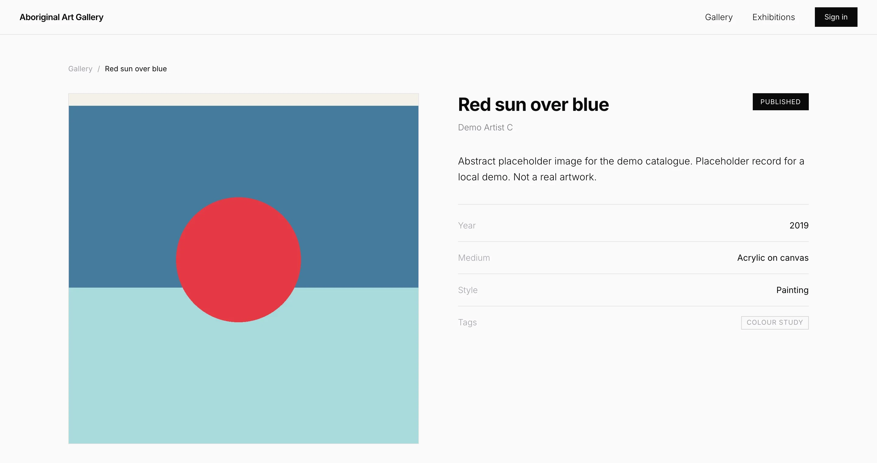 A work page for Red sun over blue by Demo Artist C: a flat image of a red circle on two bands of blue, a Published badge, and rows for year 2019, medium Acrylic on canvas, style Painting and the tag Colour study
