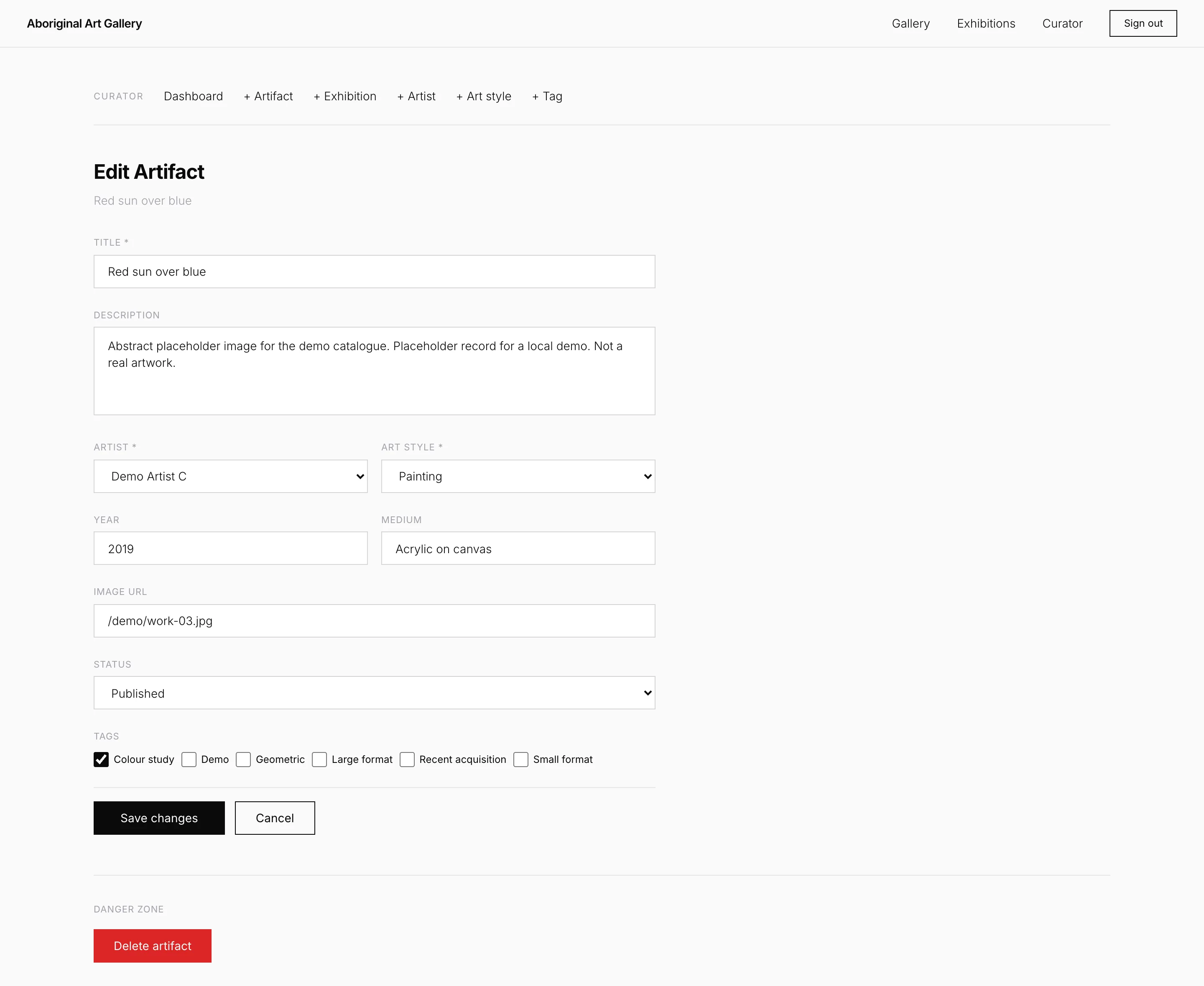 The Edit Artifact form for Red sun over blue: title, description, artist and style dropdowns, year, medium, image URL, status Published, tag checkboxes, Save changes and Cancel, and a red Delete artifact button under Danger zone