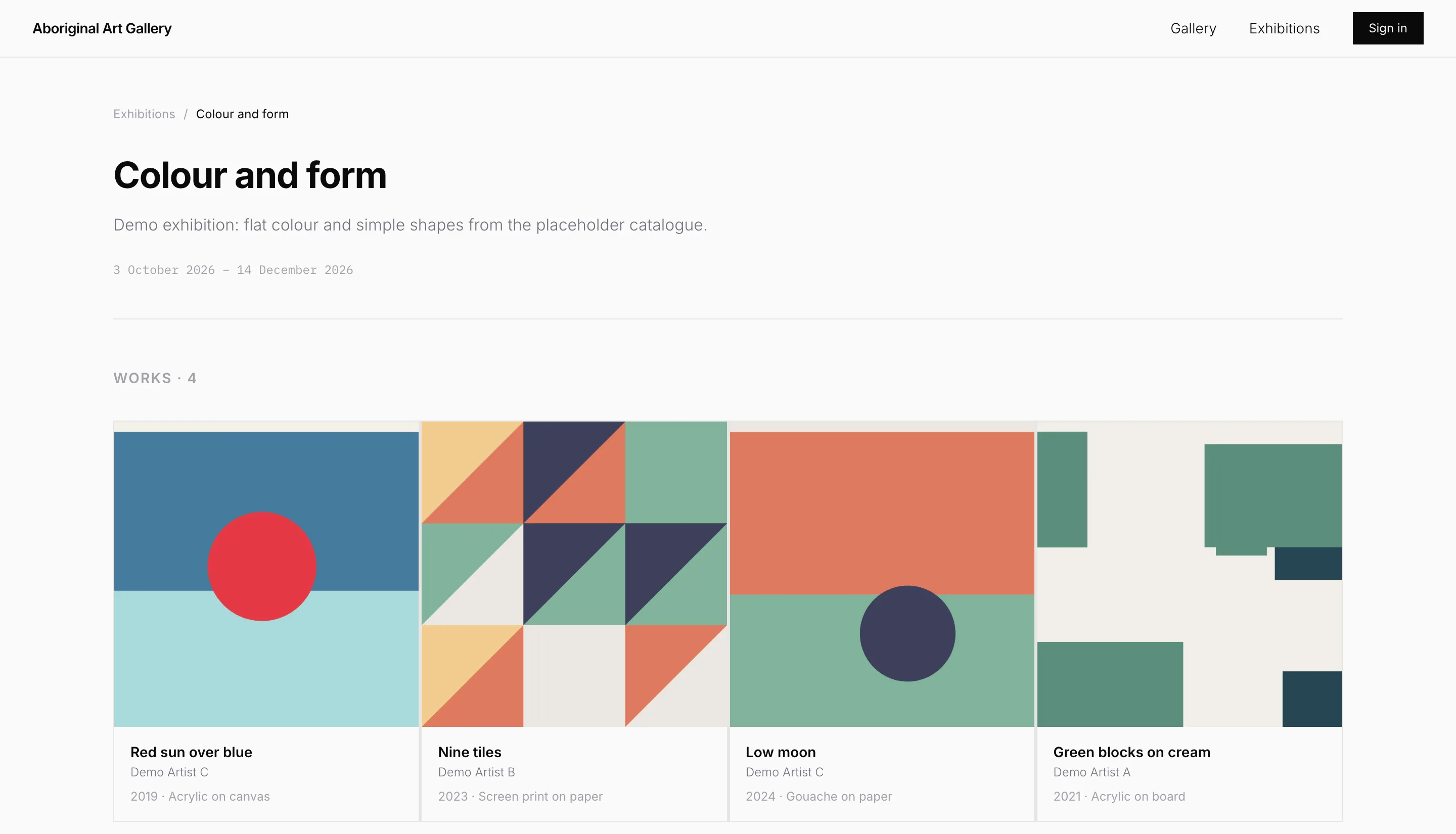 The Colour and form exhibition page, 3 October to 14 December 2026, listing 4 works