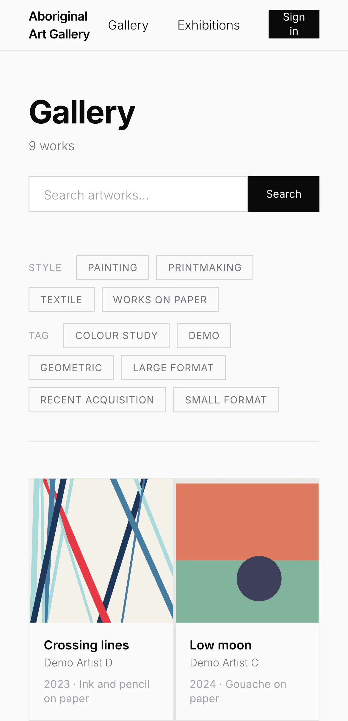 The gallery on a phone: the title, 9 works, a search box, wrapped style and tag chips, and two cards side by side