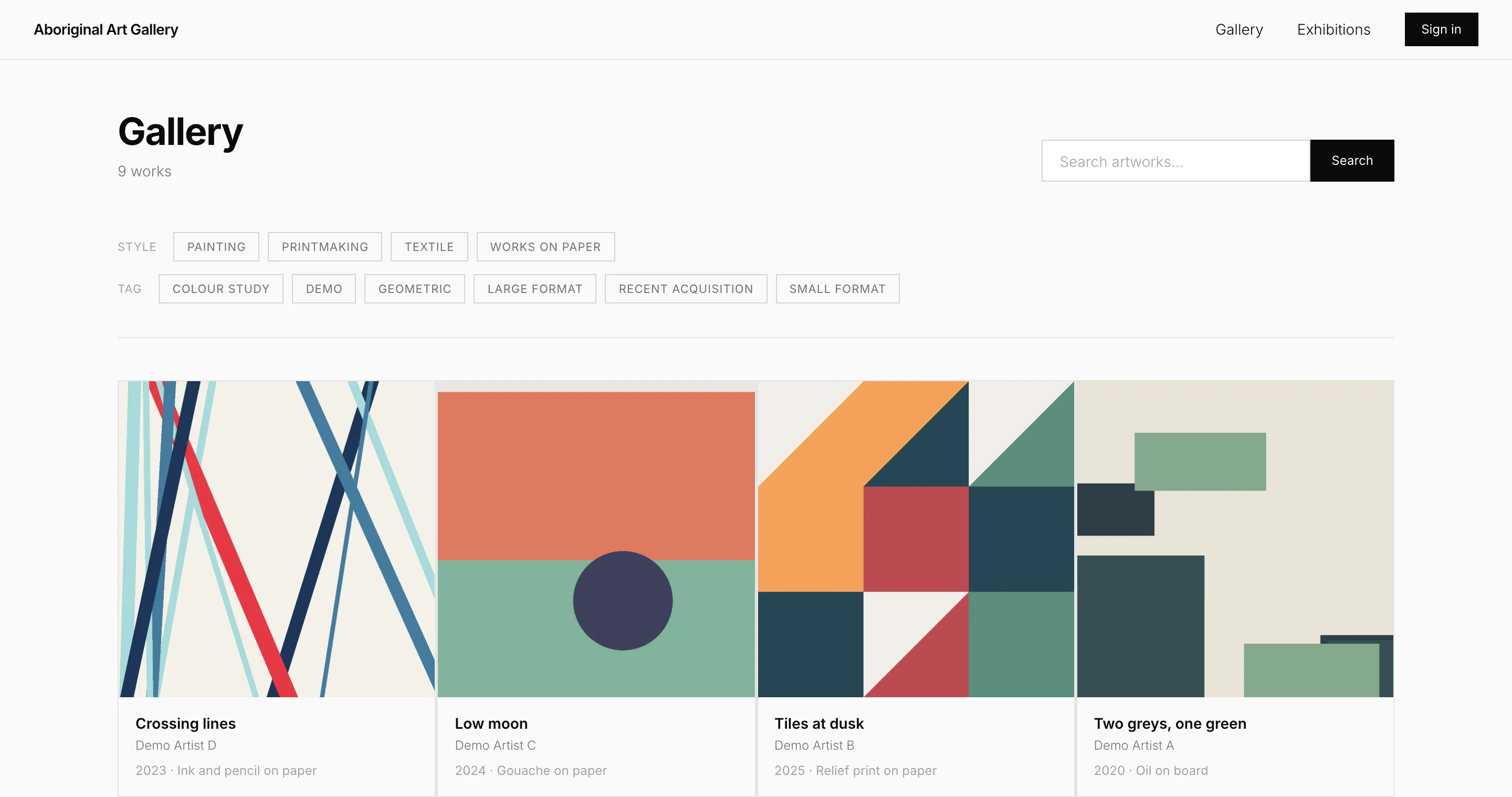 The public Gallery page: 9 works, style filters (Painting, Printmaking, Textile, Works on paper), tag filters, a search box, and a row of four cards with flat geometric placeholder images by Demo Artists A to D