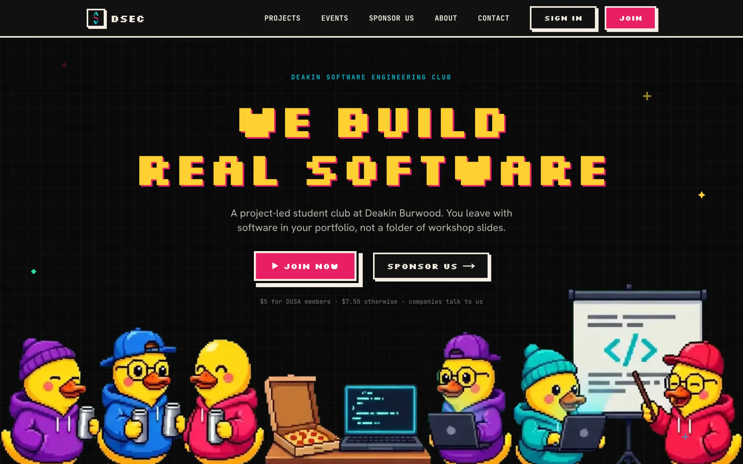 The DSEC home page: pixel-art headline 'We build real software' above a row of pixel rubber-duck mascots