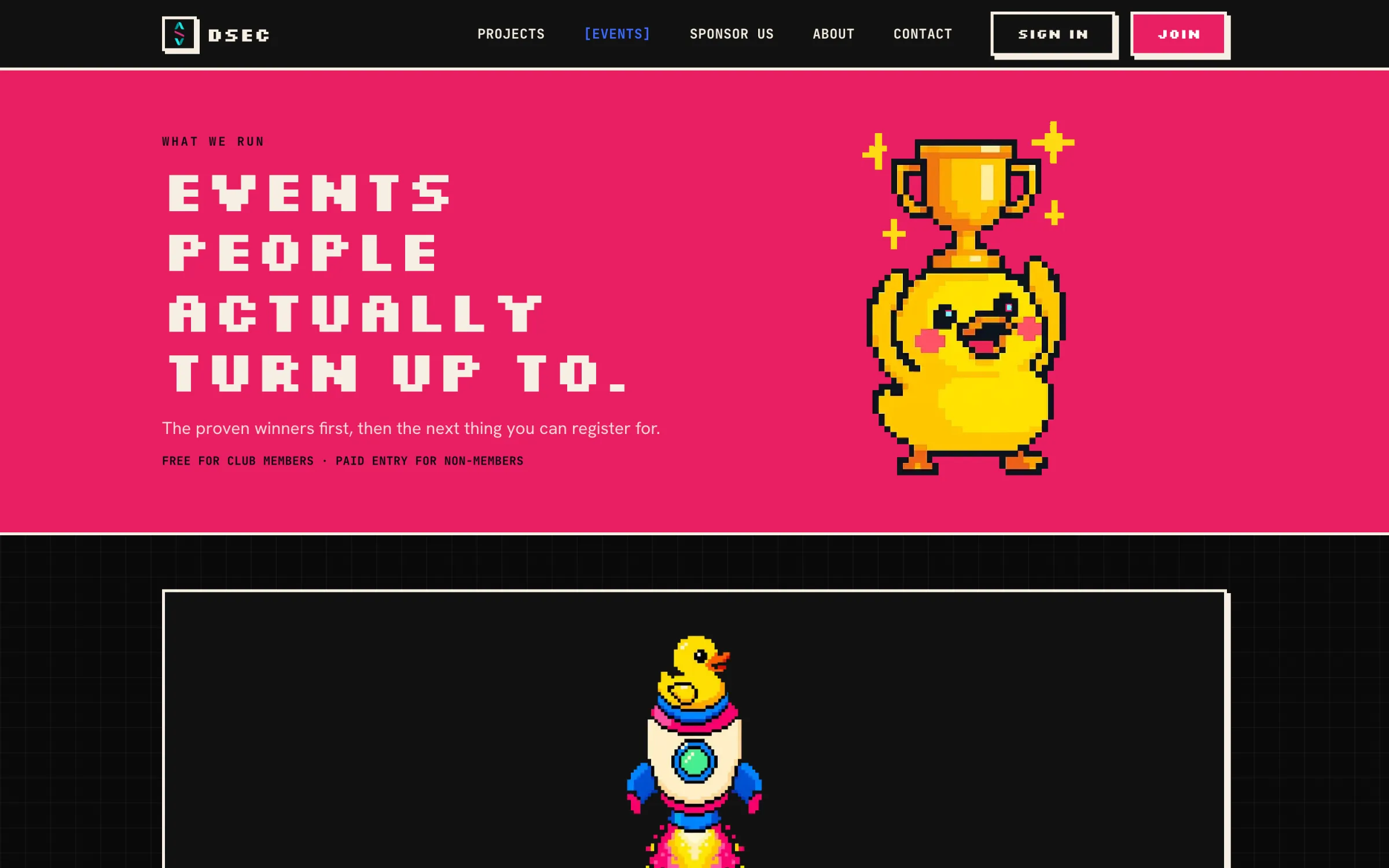 The DSEC public events page: pixel-art headline 'Events people actually turn up to' beside a duck holding a trophy