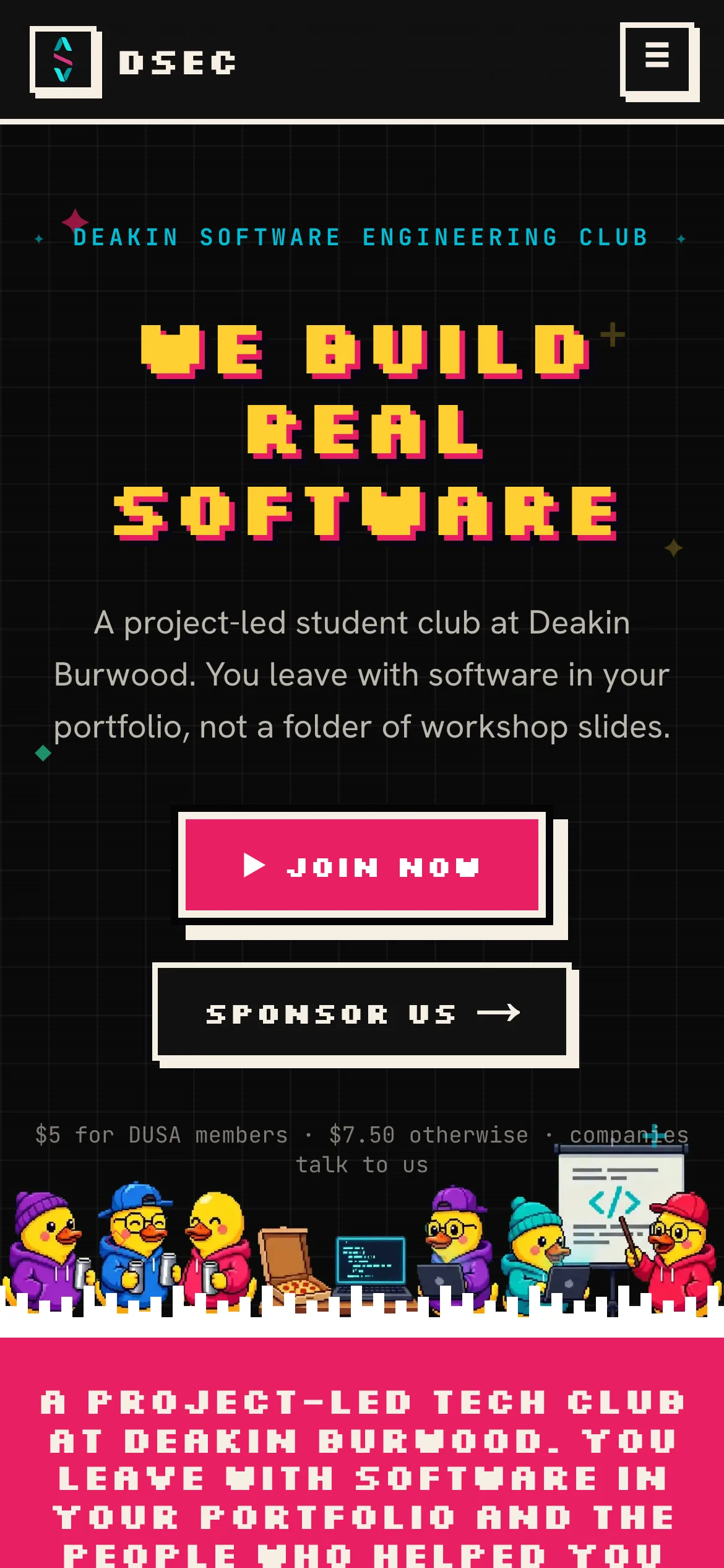 The DSEC home page on a phone, with the pixel headline, join and sponsor buttons stacked